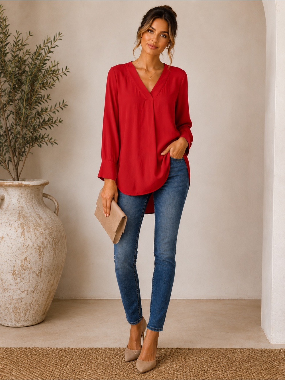 Tyler Boe 100% silk Red V-Neck Long Sleeve Women's Top $185